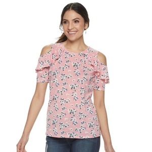 JUICY COUTURE RUFFLE OPEN SHOULDER BLOUSE SIZE XXL FLORAL MULTICOLORS ROUND NECK